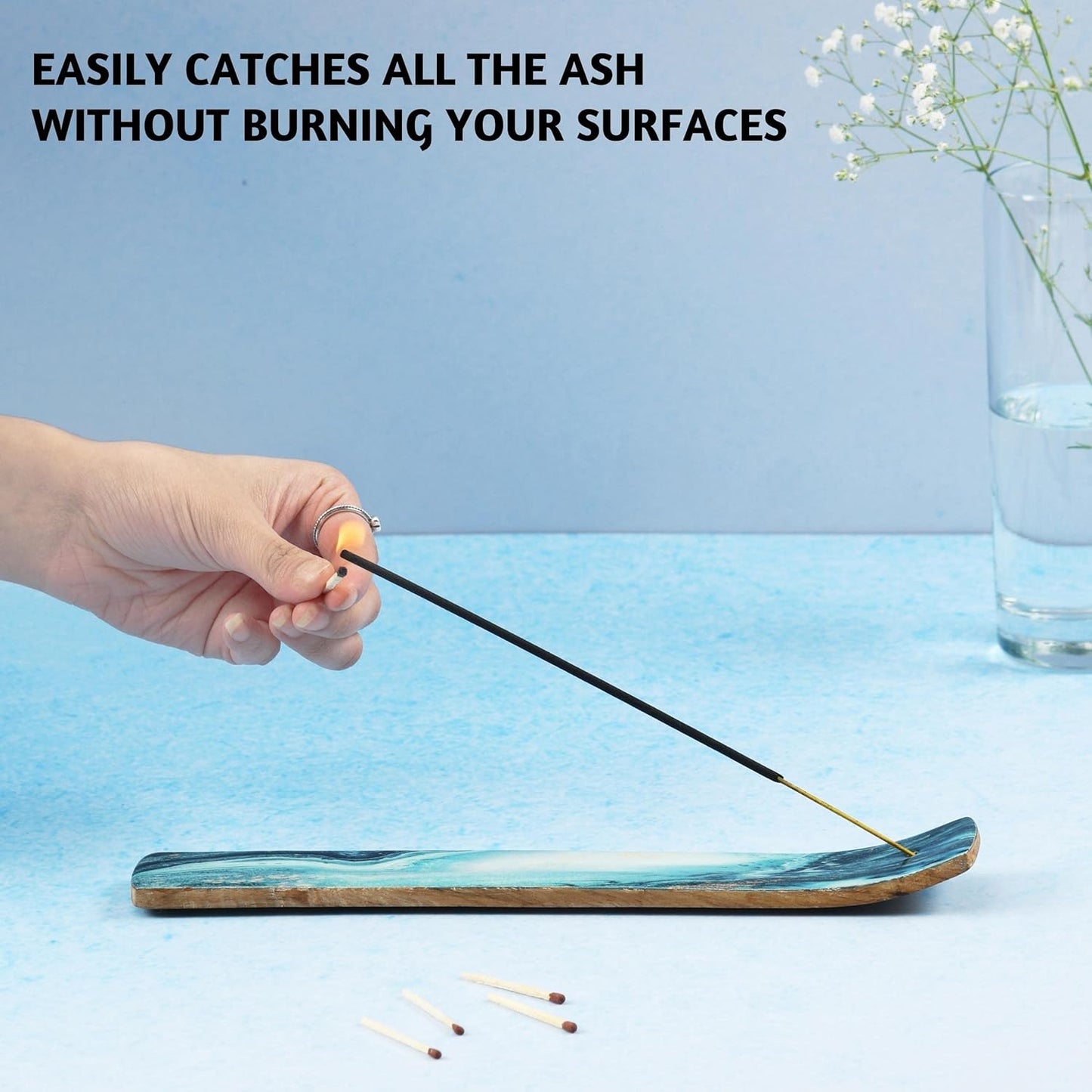 Set of 2 Incense Holder or Incense Burner for Insence Sticks, Insence Burner Holder for Home Decor or Ash Catcher, Inscent Tray or Insense Stick Holders, Mango Wood, Blue and Green Agate