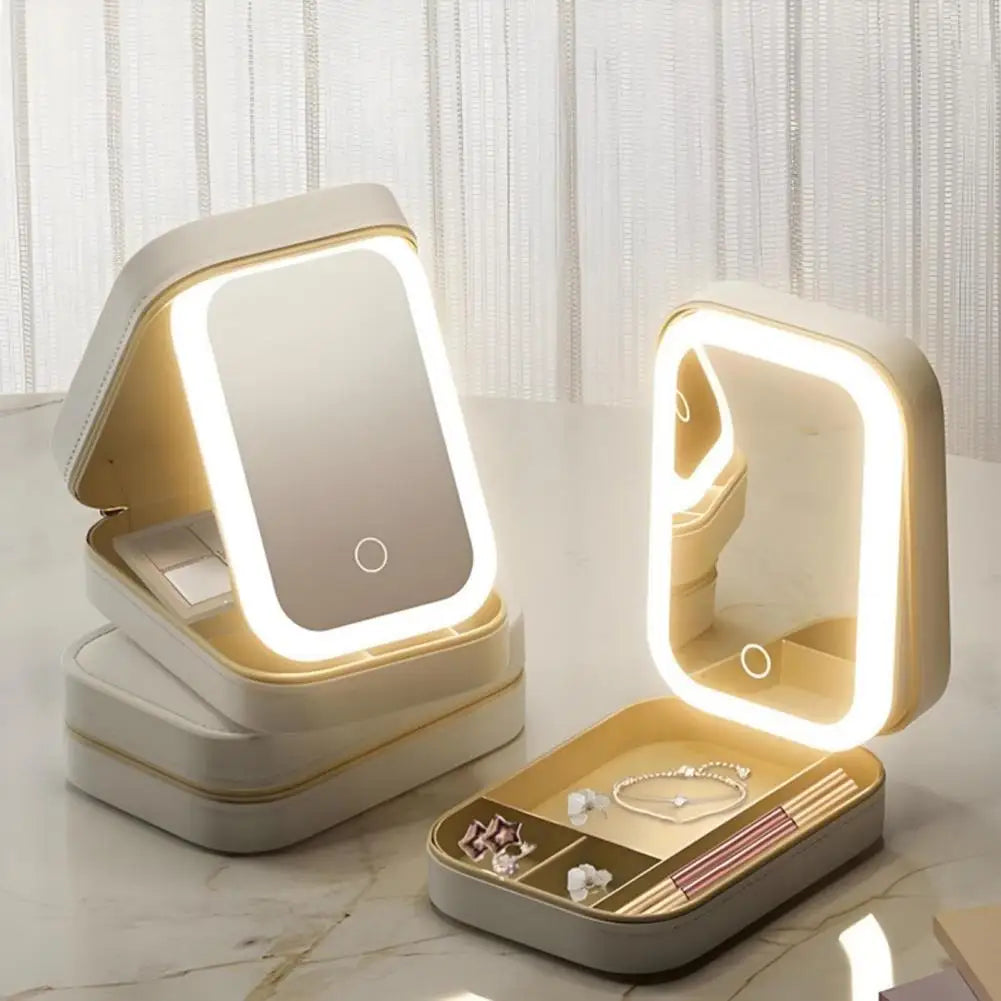 Travel Makeup Bag with LED Mirror USB Rechargeable 3 Colors Adjustable Lighted Vanity Mirror Cosmetic Case Jewelry Organizer Box