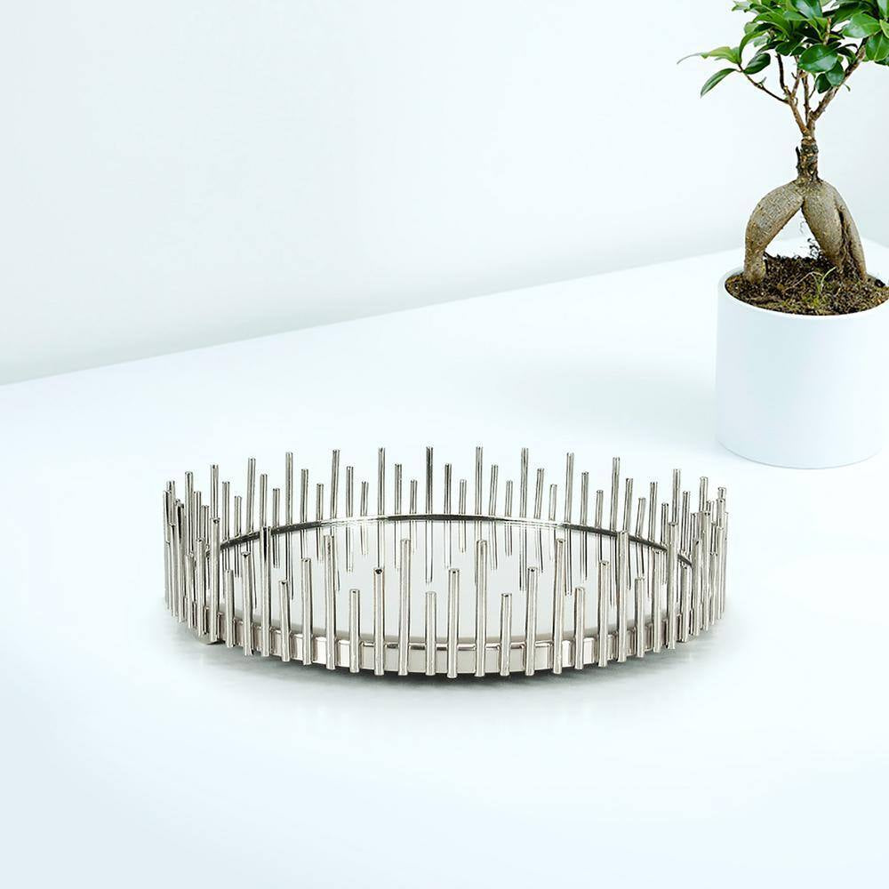 Sunburst 10 In. Silver round Metal Mirror Decorative Tray
