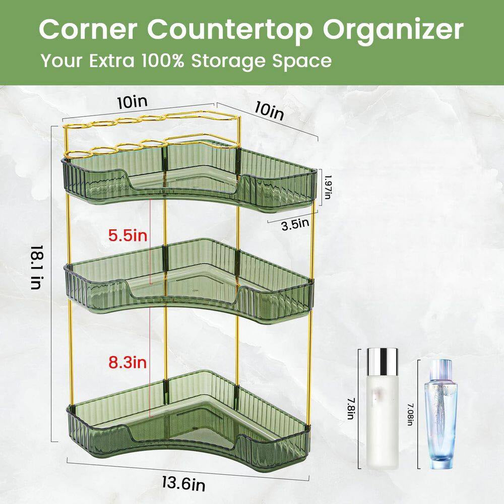 3-Tier Corner Countertop Vanity Organizer with Brush Holder in Green for Bathroom Dresser and Vanity Cosmetic Storage