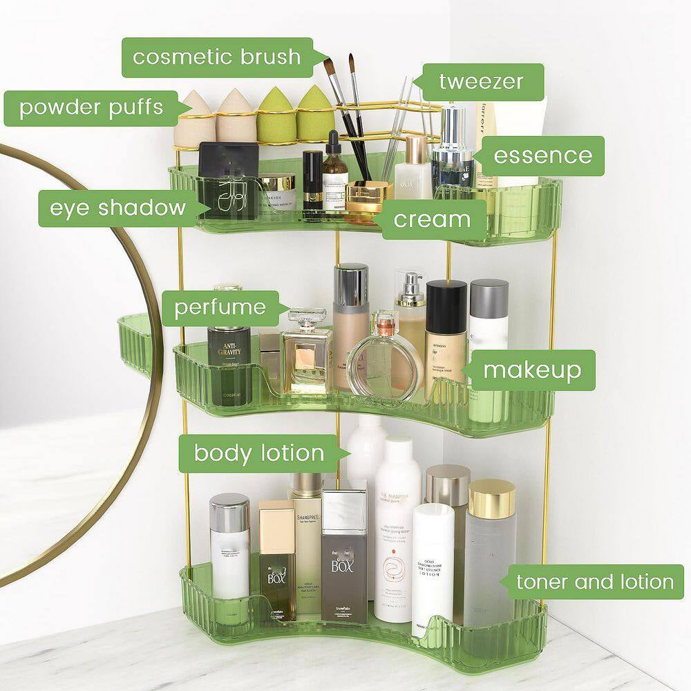 3-Tier Corner Countertop Vanity Organizer with Brush Holder in Green for Bathroom Dresser and Vanity Cosmetic Storage