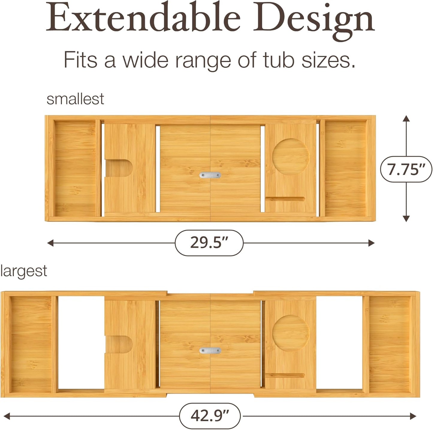 Wooden Bathtub Tray - Foldable Expandable Bamboo Bath Tray for Tub with Wine Holder, Book & Tablet Stand - Bath Caddy for Bathtub, Spa Bath Accessories for Women, Tub Tray Table, Gift for Her or Him