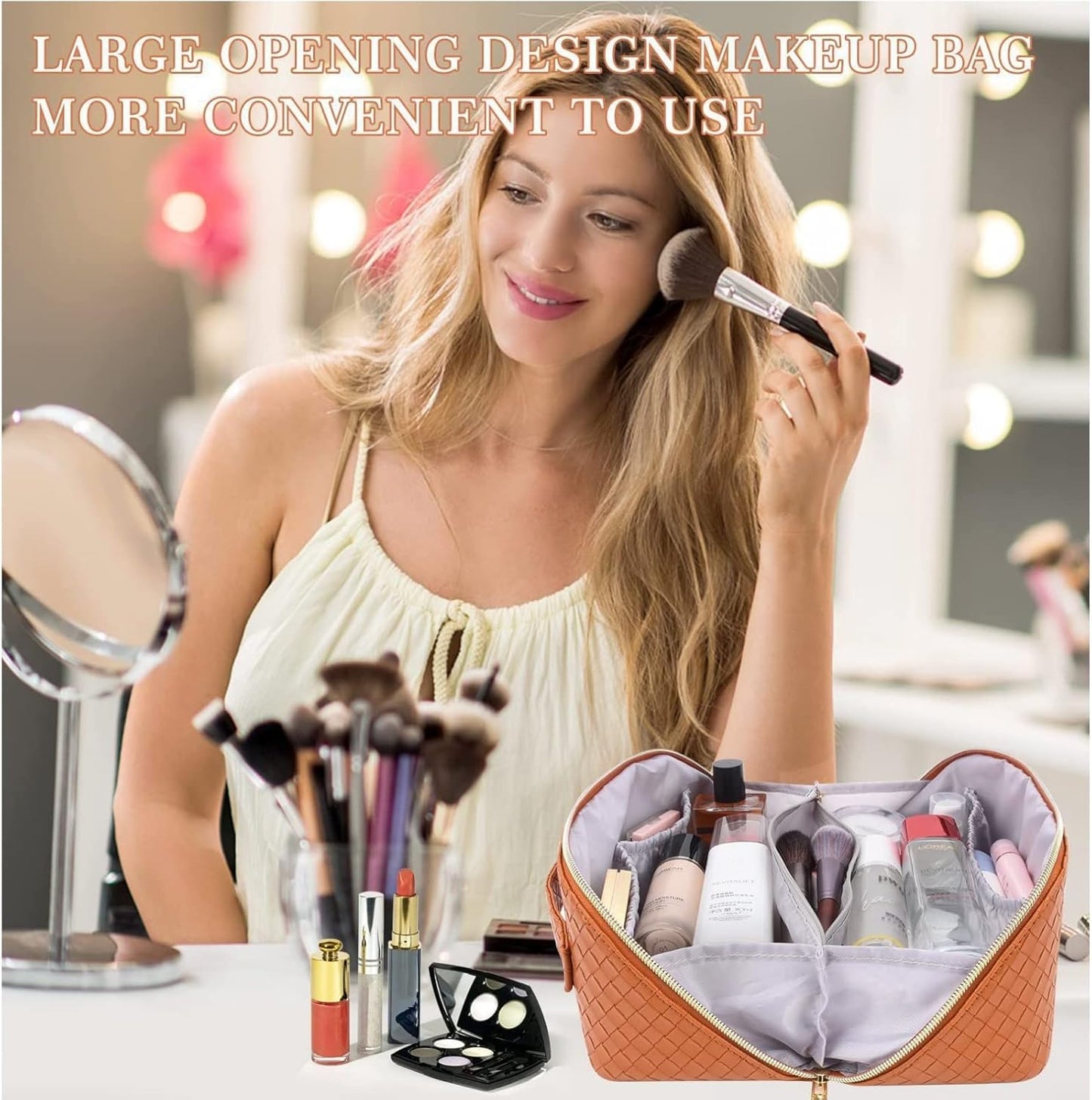 Large Capacity Travel Cosmetic Bag-Pu Leather Travel Makeup Bag with Compartments,Waterproof Cosmetic Bags for Women Make up Organizers and Storage Travel (Vitality Orange)