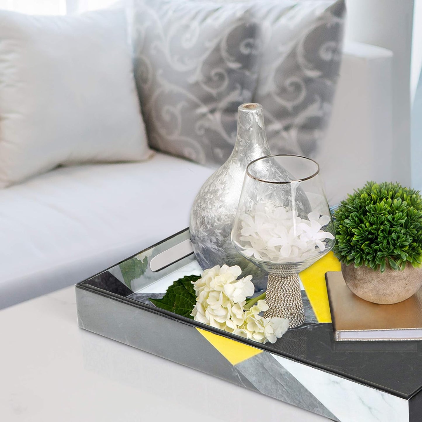 Large Decorative Serving Tray for Coffee Table, Yellow Serving Tray, Ottoman Tray Home Decor, Wooden Trays with Handles, Coffee Table Tray, Wood Tray for Coffee Table. Ideal for Home & Entertaining.