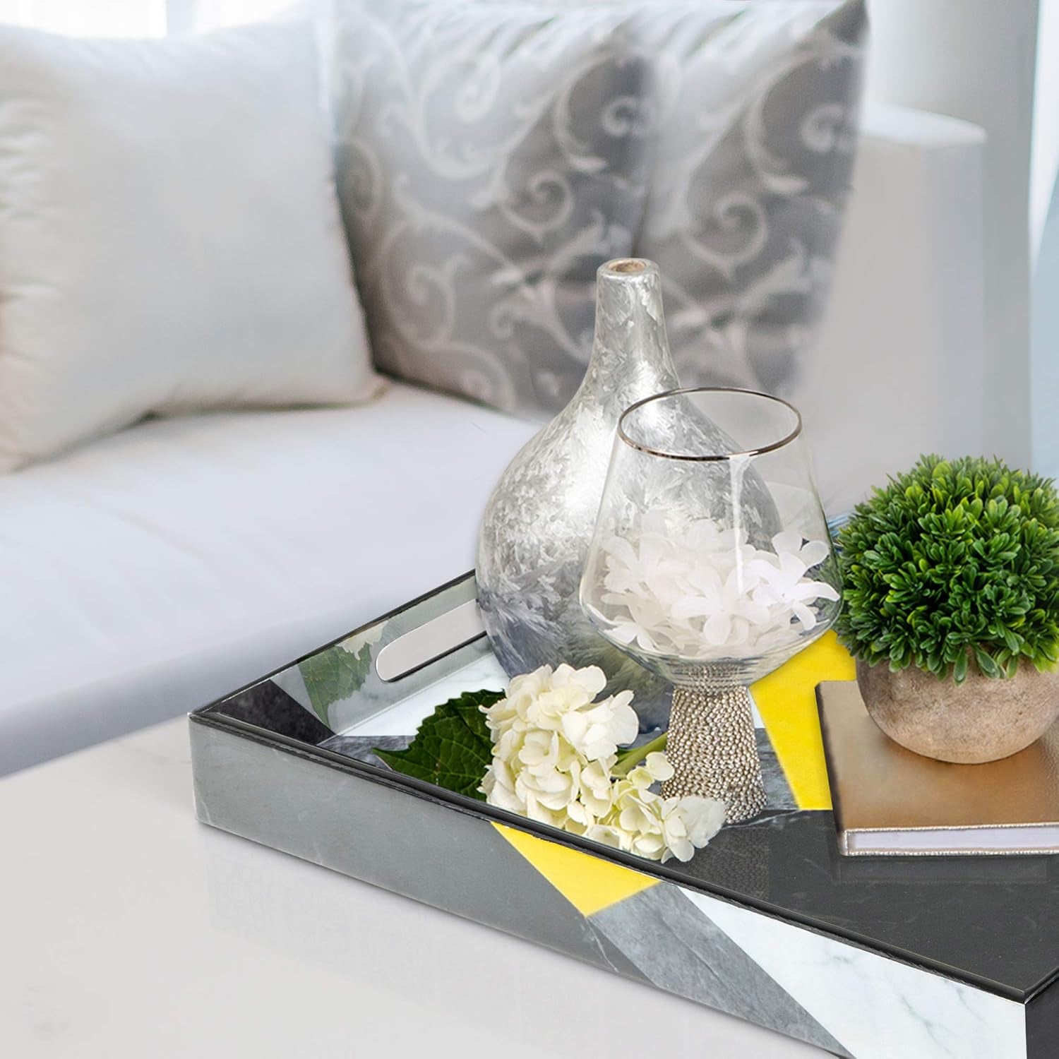 Large Decorative Serving Tray for Coffee Table, Yellow Serving Tray, Ottoman Tray Home Decor, Wooden Trays with Handles, Coffee Table Tray, Wood Tray for Coffee Table. Ideal for Home & Entertaining.