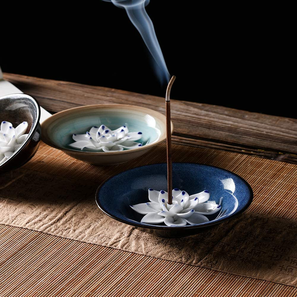Incense Holder Ceramic Incense Burner Lotus Incense Holder for Sticks Handicraft Incense Stick Holder 4.62 Inch Dark Blue