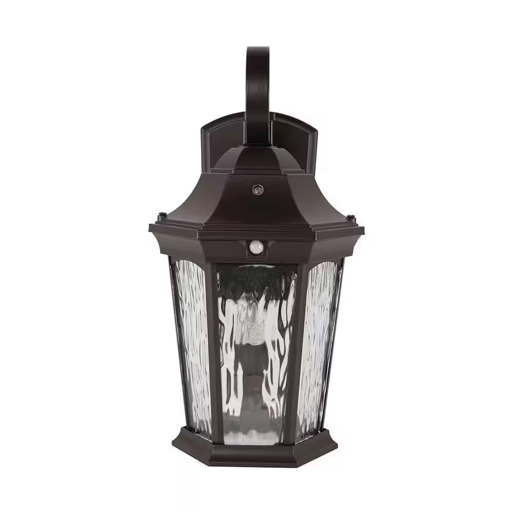 15.9 In. Bronze Integrated LED Outdoor Wall Light Lantern Sconce with Flickering Bulb, Motion Sensor, and Photocell