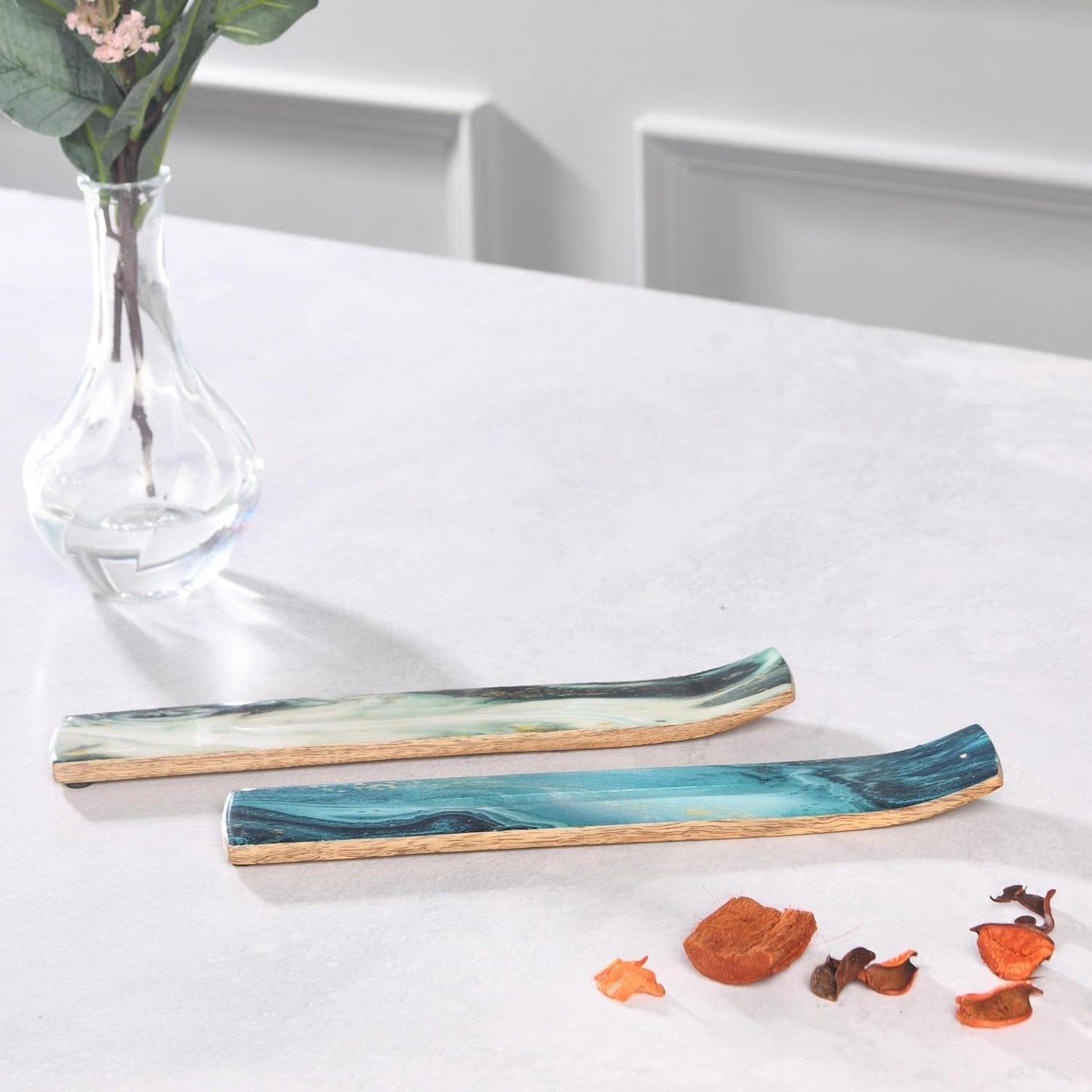 Set of 2 Incense Holder or Incense Burner for Insence Sticks, Insence Burner Holder for Home Decor or Ash Catcher, Inscent Tray or Insense Stick Holders, Mango Wood, Blue and Green Agate