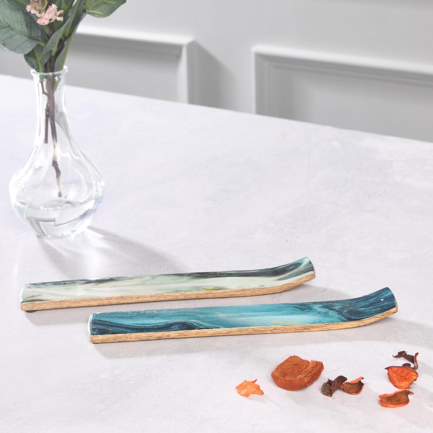 Set of 2 Incense Holder or Incense Burner for Insence Sticks, Insence Burner Holder for Home Decor or Ash Catcher, Inscent Tray or Insense Stick Holders, Mango Wood, Blue and Green Agate
