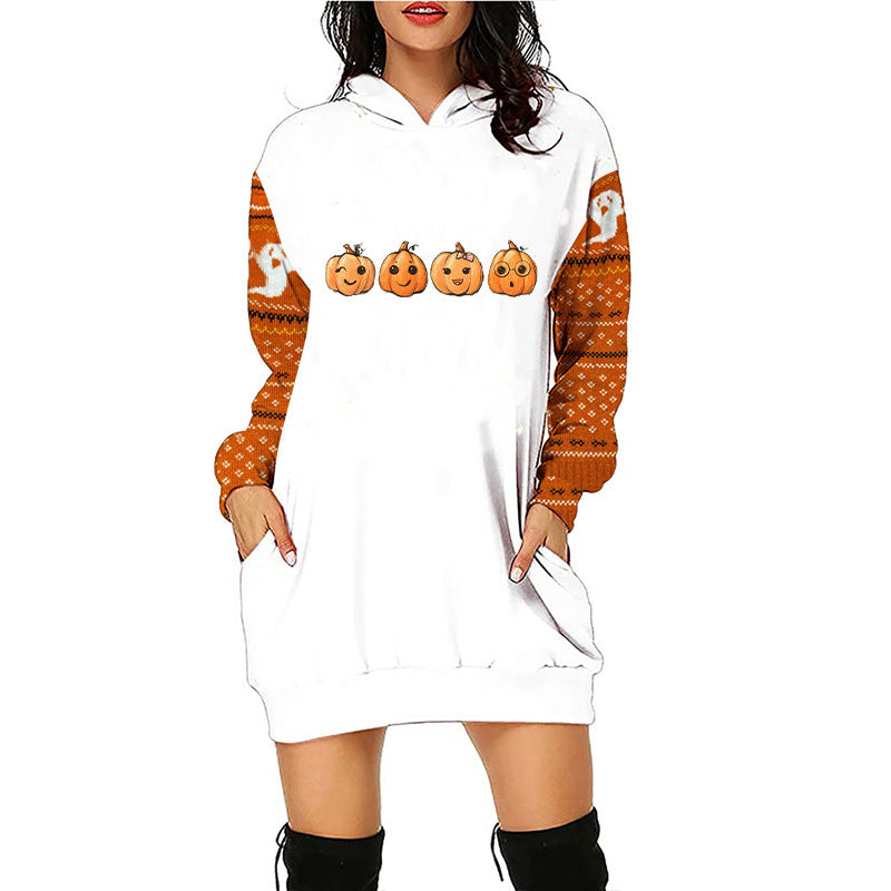 Carina Women Halloween Pumpkin Print Hoodie Dress