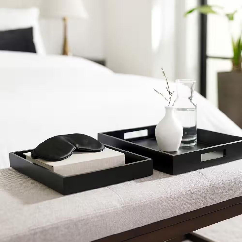 Black Rectangular Wood/Glass 14/18 In. Decorative Tray Set (Set of 2)