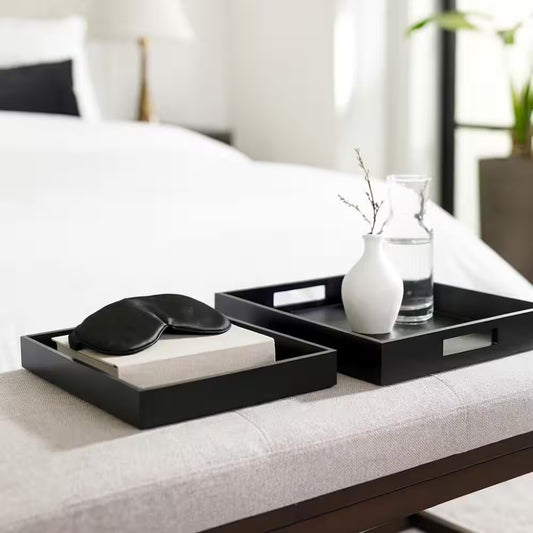 Black Rectangular Wood/Glass 14/18 In. Decorative Tray Set (Set of 2)