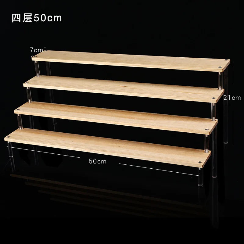 Solid Wooden Ladder Display Rack with Acrylic Pillars, Blind Box, Toy, Perfume, Jewelry Display Stand, Storage Shelf, 1-5 Tiers