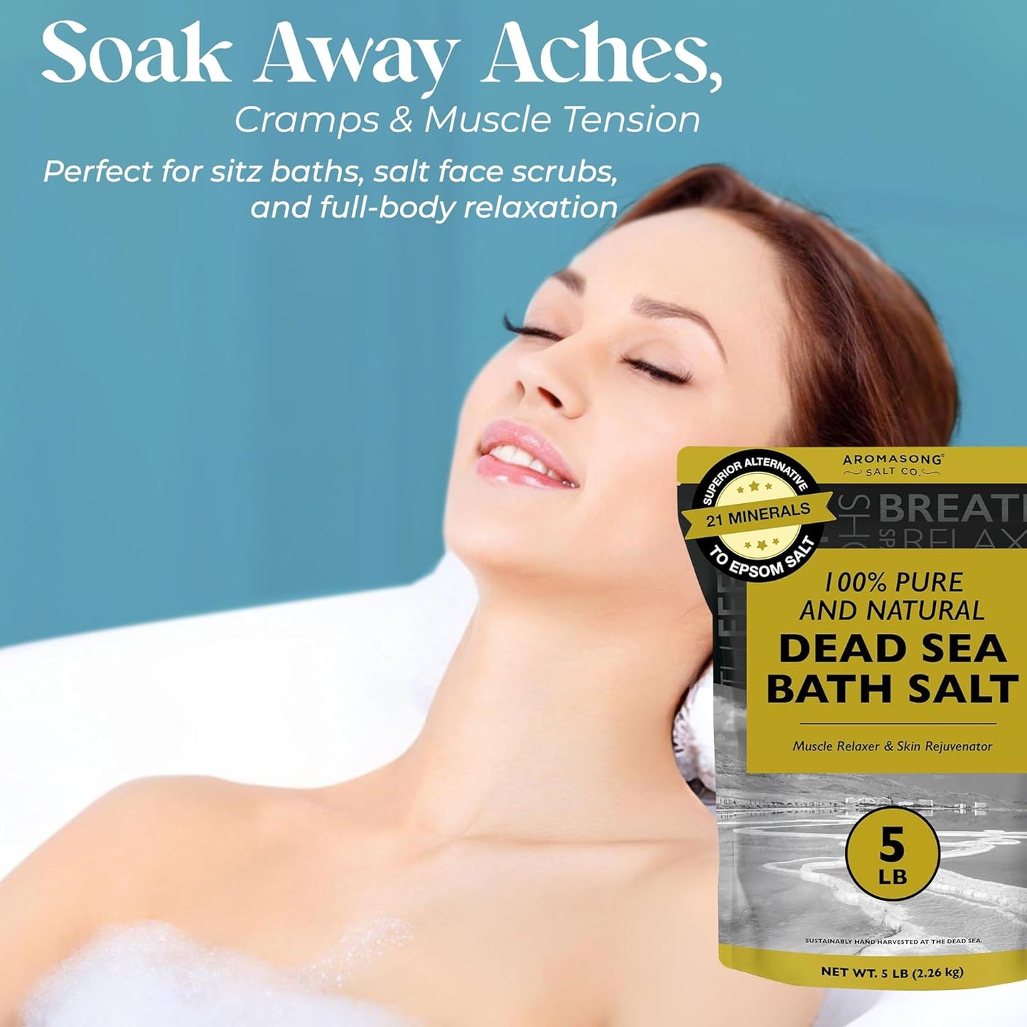 Dead Sea Bath Salt - 100% Pure & Natural Dead Sea Salts for Soaking Fine Grain 5 LB - Bulk Resealable Pack - Used for Body Wash Scrub - Soak for Women & Men.