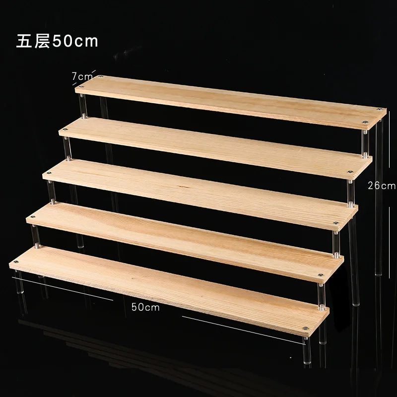 Solid Wooden Ladder Display Rack with Acrylic Pillars, Blind Box, Toy, Perfume, Jewelry Display Stand, Storage Shelf, 1-5 Tiers