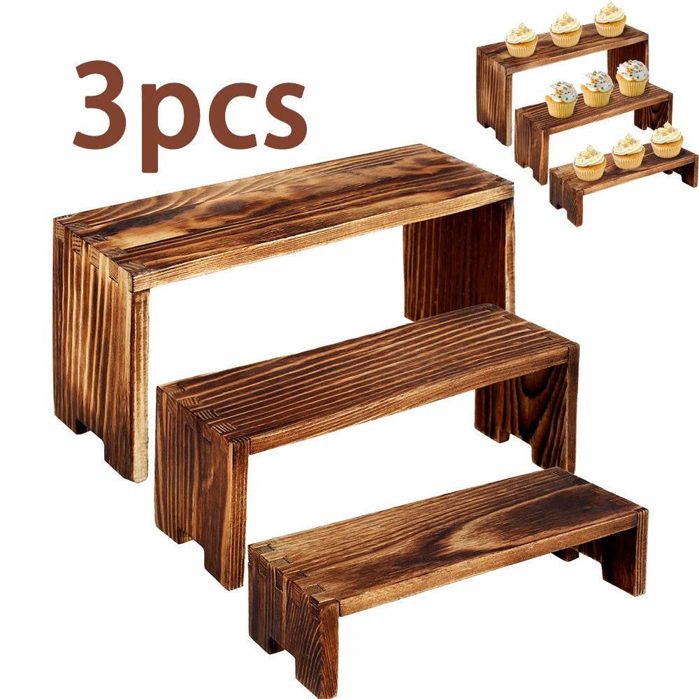 3Pcs Wooden Display Rise Stand Rectangular Shelf for Perfume Figure Storage Rack Cake Display Shelf for Wedding Party Decor