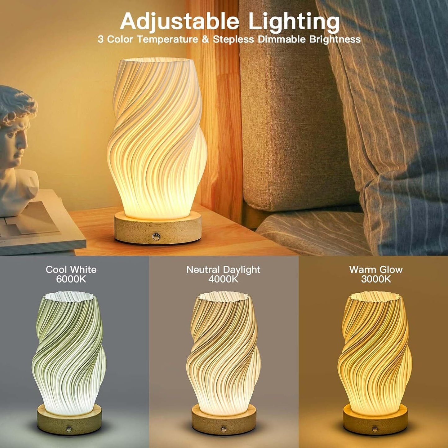Small Battery Operated Lamp, Modern Table Lamp, Rechargeable, Touch Control, 3 C