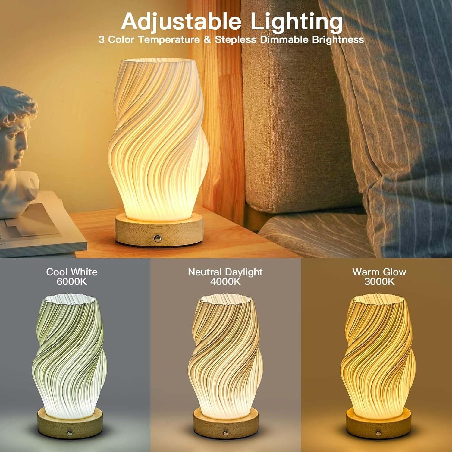 Small Battery Operated Lamp, Modern Table Lamp, Rechargeable, Touch Control, 3 C