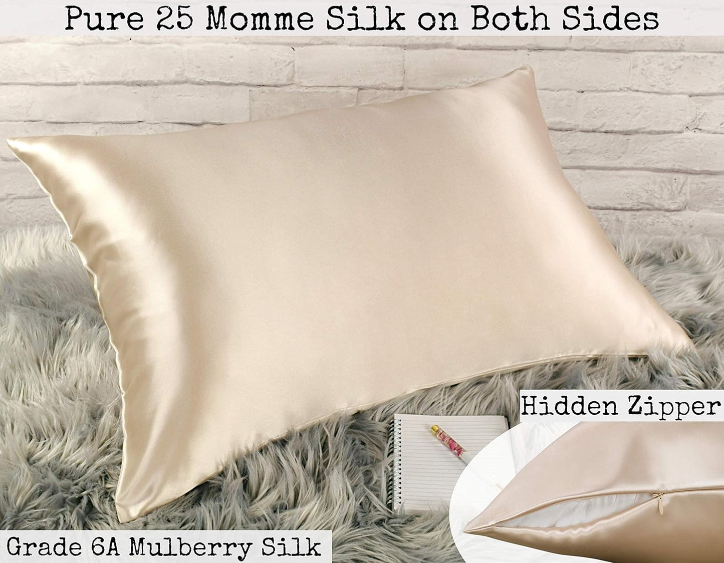 100% Silk Pillowcase for Hair Zippered Luxury 25 Momme Mulberry Silk Charmeuse Silk on Both Sides of Pillow Cover -Gift Wrapped- (Queen, Taupe)
