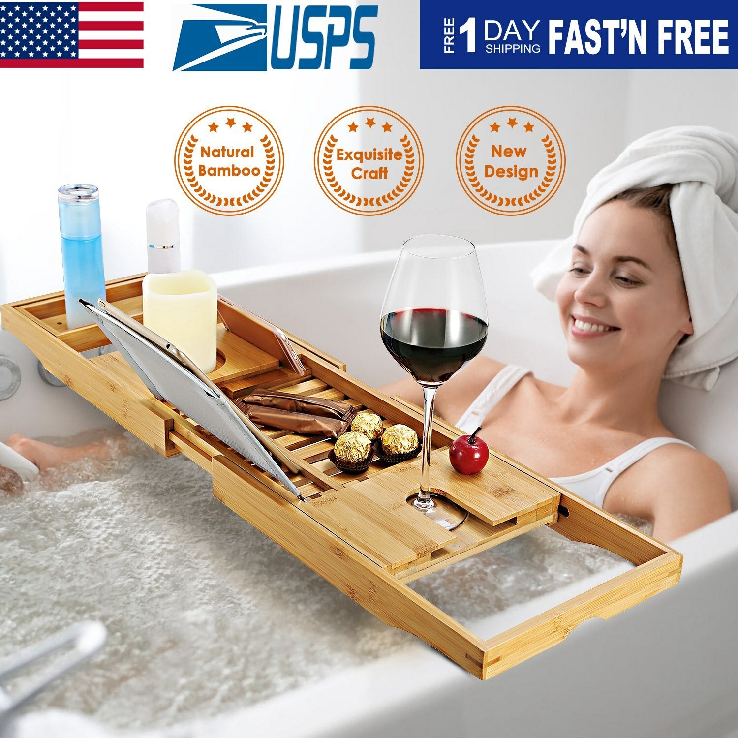 Bamboo Bath Tray Table Bathtub Caddy Tray over the Tub Shelf Bath Holder Desk