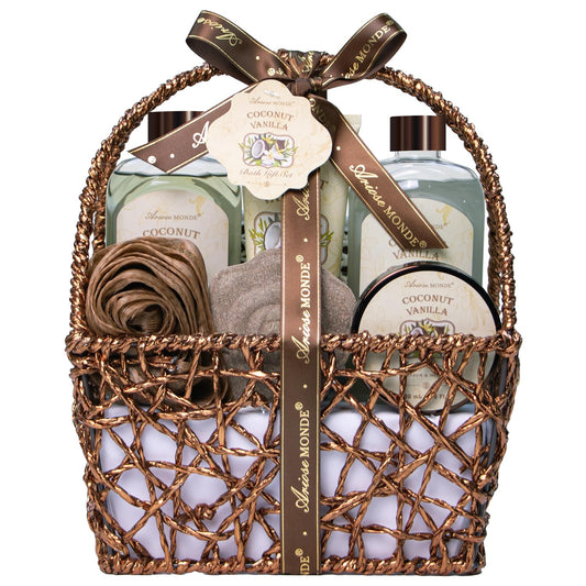 Spa Gift Baskets - Coconut Vanilla Bath Gift Set for Women, Relaxing Spa Kit with Bath Bombs, Body Lotion and Body Scrub, Birthday Gifts for Women, Christmas Spa Gifts for Mom