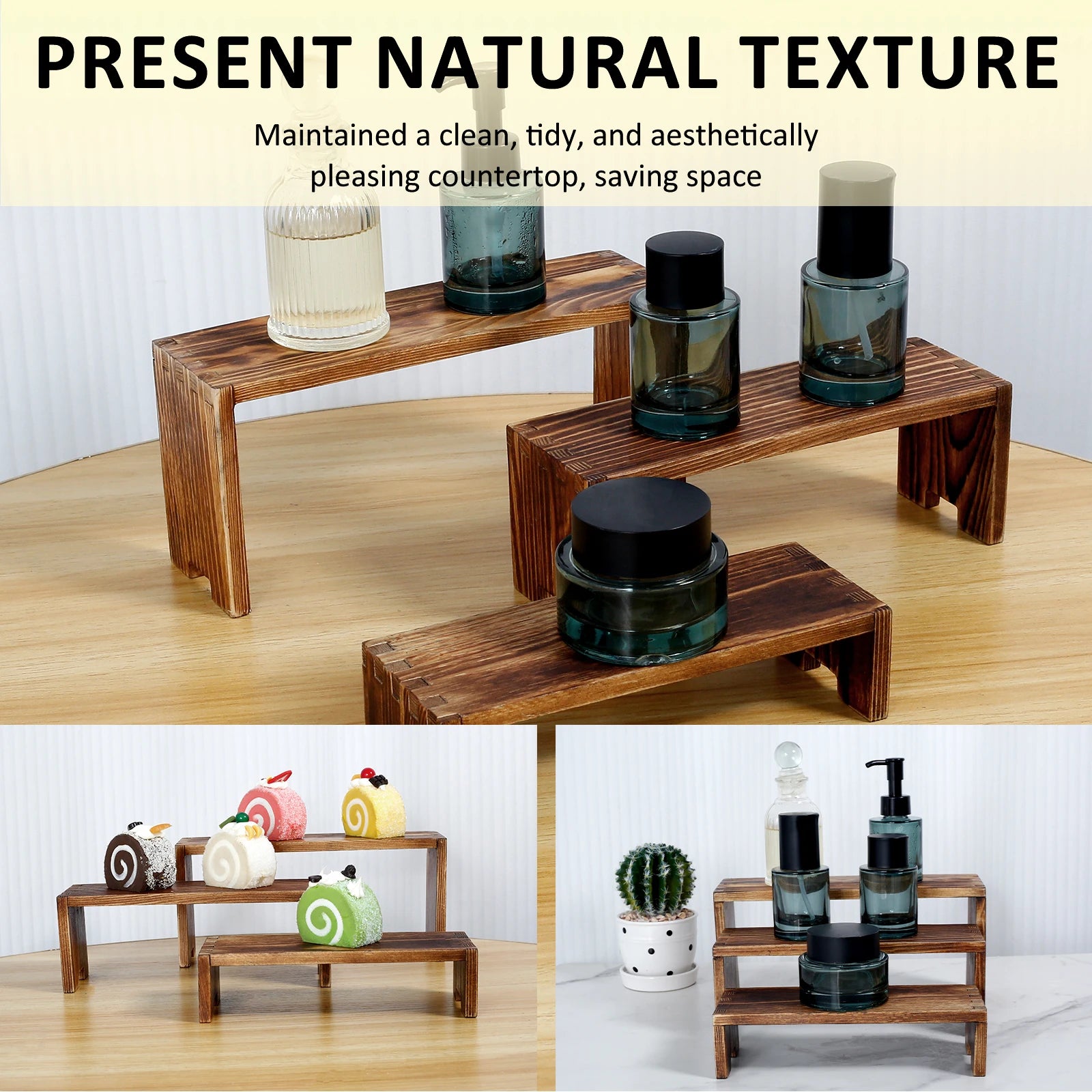 3Pcs Wooden Display Rise Stand Rectangular Shelf for Perfume Figure Storage Rack Cake Display Shelf for Wedding Party Decor