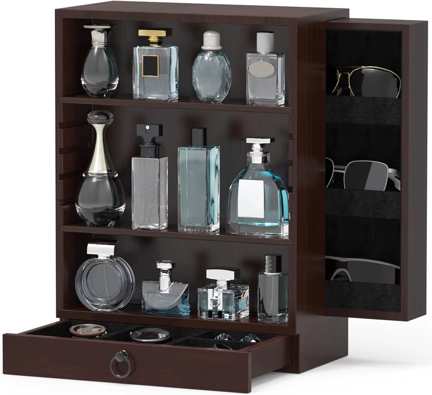Wooden Perfume Organizer for Men, 4-Tier Standing Display with Double Drawers, Large Storage, Classic Black