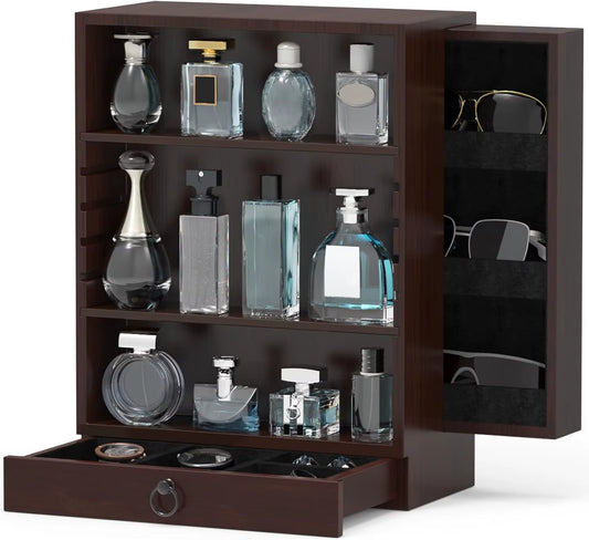 Wooden Perfume Organizer for Men, 4-Tier Standing Display with Double Drawers, Large Storage, Classic Black