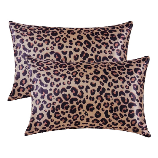Satin Pillow Case, 2 Pack Satin Queen Silky Pillowcase for Hair and Skin, Satin Pillowcase Set of 2, 20X30, Brown Leopard
