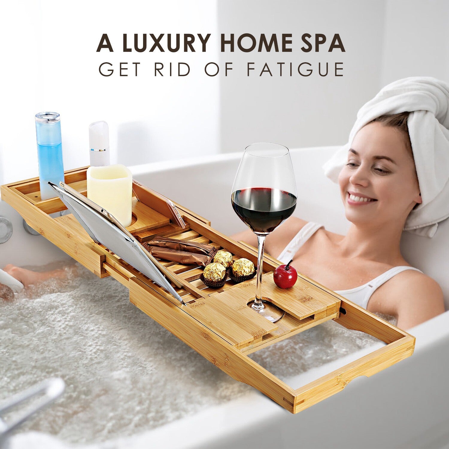 Bamboo Bath Tray Table Bathtub Caddy Tray over the Tub Shelf Bath Holder Desk