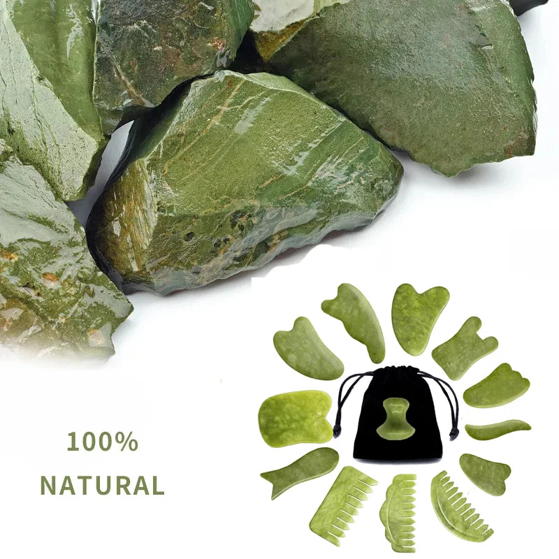 Natural Gua Sha Jade Stone for Face Guasha Massage Tools Body Acupuncture Stick Beauty Gouache Scraper with Black Velvet Bag