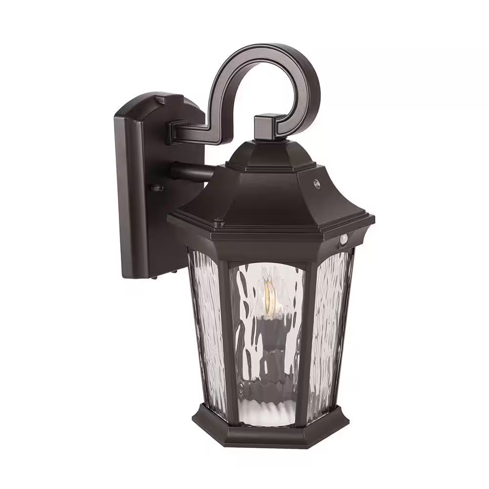 15.9 In. Bronze Integrated LED Outdoor Wall Light Lantern Sconce with Flickering Bulb, Motion Sensor, and Photocell