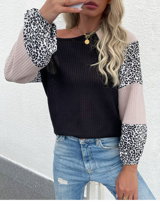 Rocio Long-Sleeve Waffle Top Paneled Leopard Knit Sweater