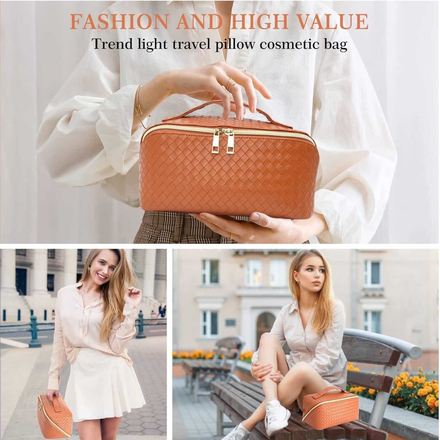 Large Capacity Travel Cosmetic Bag-Pu Leather Travel Makeup Bag with Compartments,Waterproof Cosmetic Bags for Women Make up Organizers and Storage Travel (Vitality Orange)