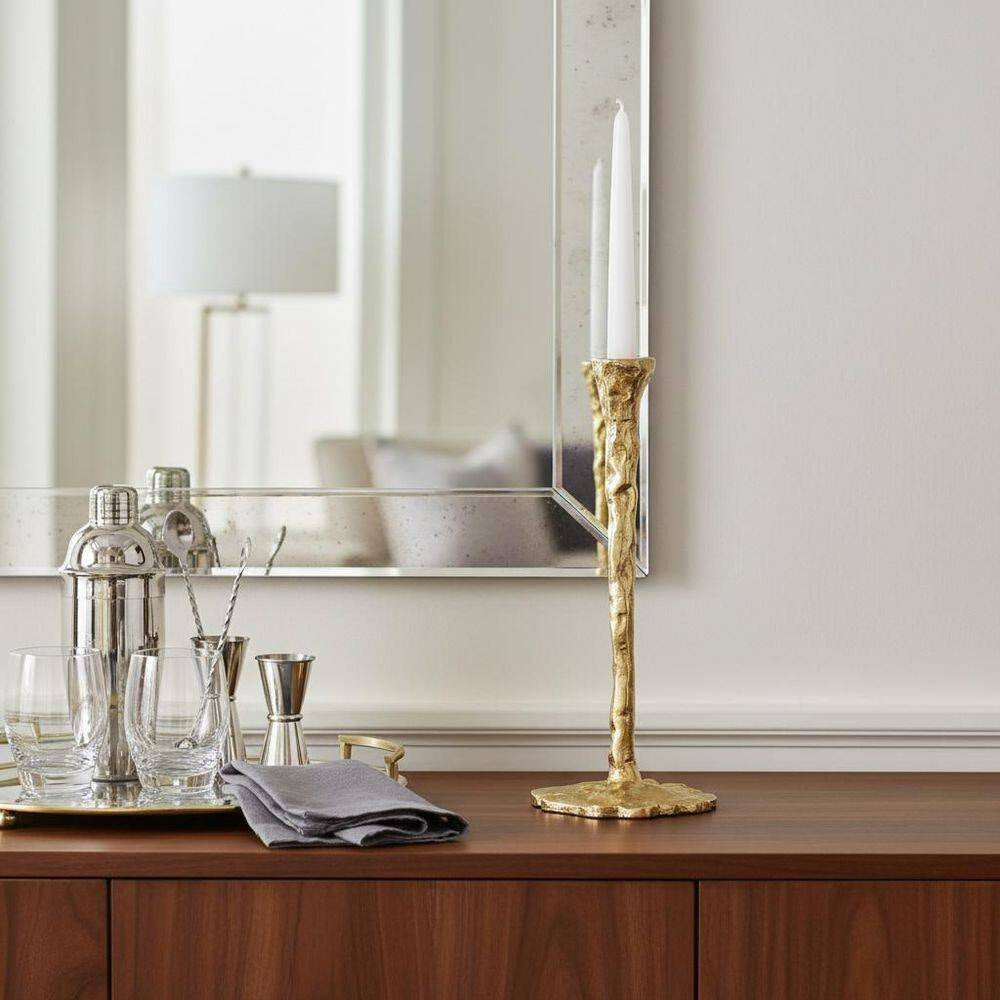 15 In. Gold Metal Aluminum Forged Taper Candle Holder with Textured Decorative Base