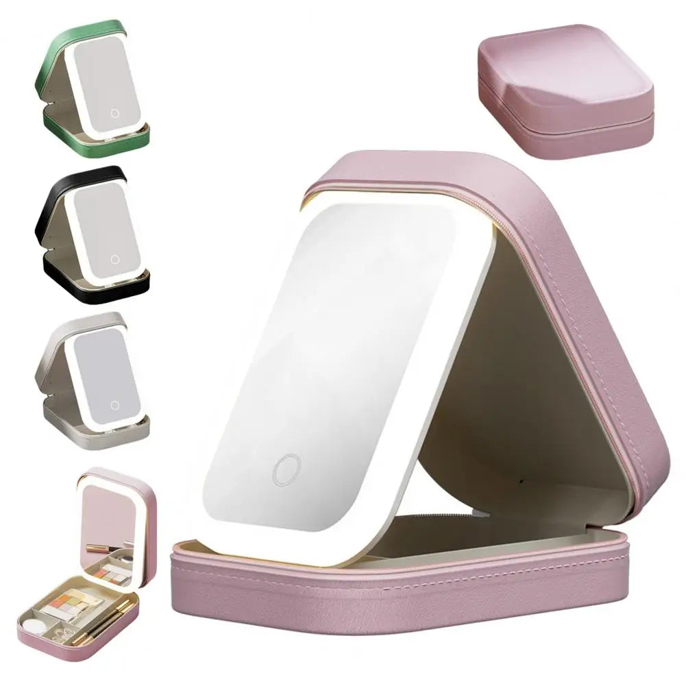 Travel Makeup Bag with LED Mirror USB Rechargeable 3 Colors Adjustable Lighted Vanity Mirror Cosmetic Case Jewelry Organizer Box