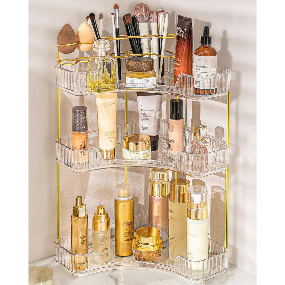 3-Tier Corner Countertop Vanity Organizer with Brush Holder in Clear for Bathroom Dresser and Vanity Cosmetic Storage