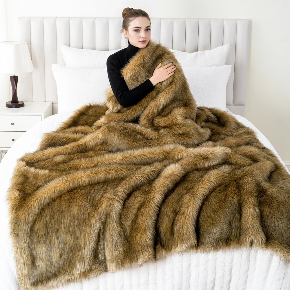 Faux Fur Throw Blanket Luxury Decorative Sofa Blankets Thick Warm Fur Blanket Soft Fluffy Plaid Throws for Bed King Size