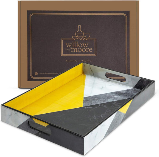 Large Decorative Serving Tray for Coffee Table, Yellow Serving Tray, Ottoman Tray Home Decor, Wooden Trays with Handles, Coffee Table Tray, Wood Tray for Coffee Table. Ideal for Home & Entertaining.