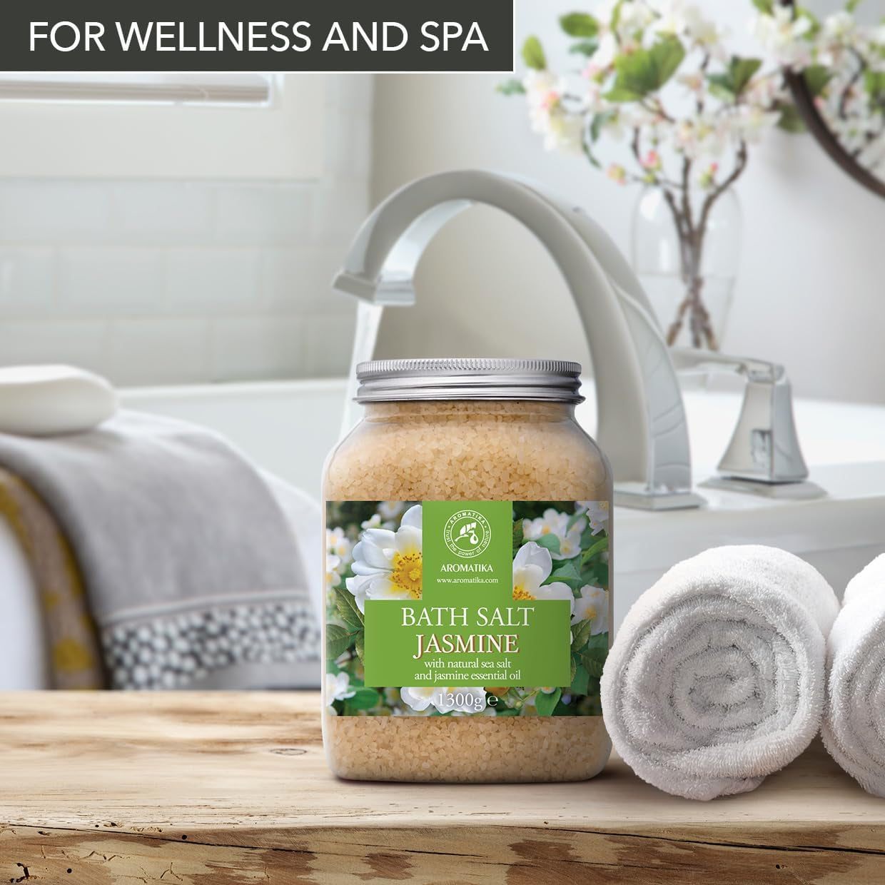 Bath Sea Salt Jasmine 46 Oz (1300G) - Bath Salts with Jasmine Essential Oil for Bath Soak - Relaxing Bath - Beauty - Body Care - Relaxation - Good Sleep - Aromatherapy Bath Salts - Flower Bath Salt