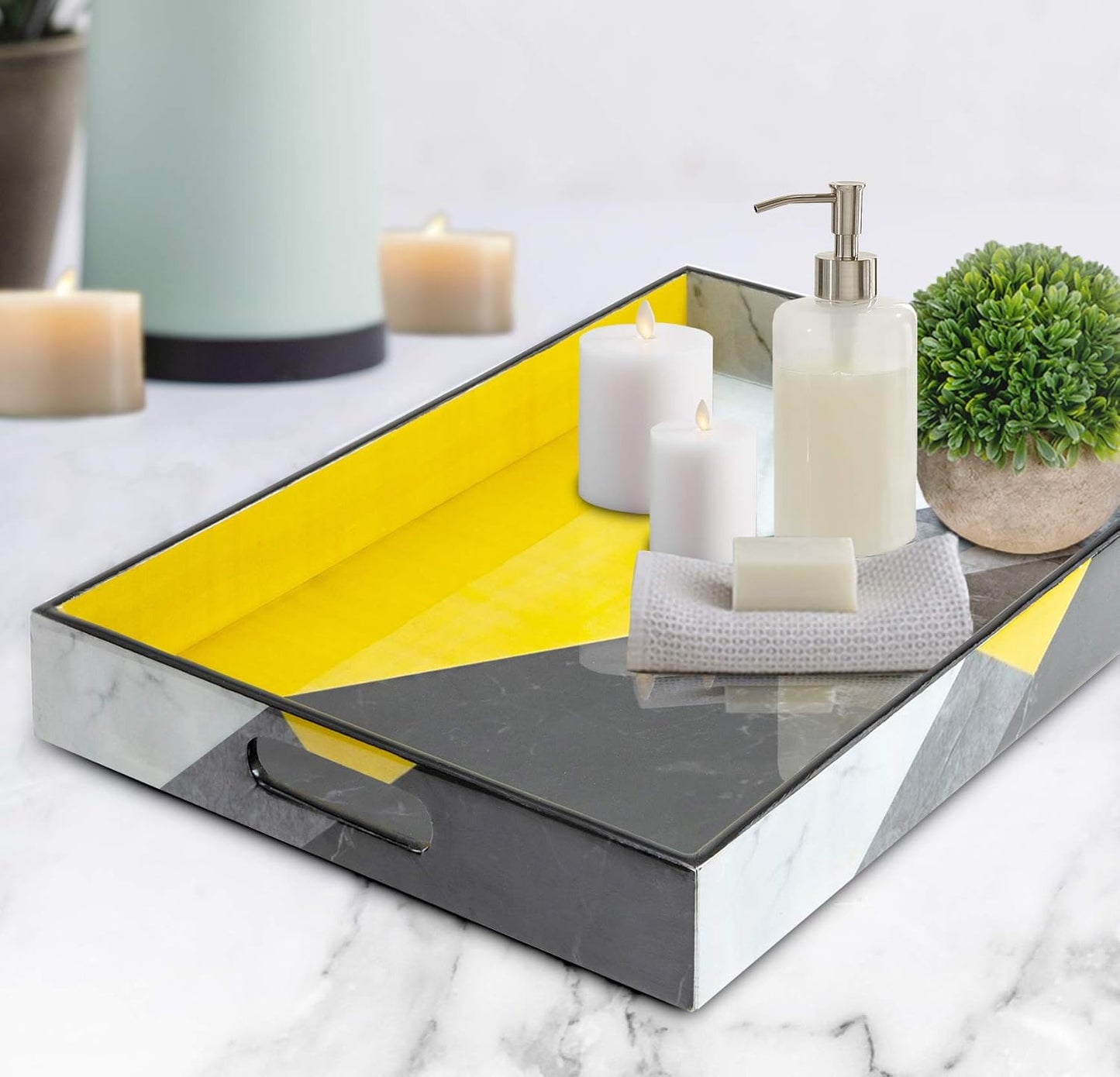 Large Decorative Serving Tray for Coffee Table, Yellow Serving Tray, Ottoman Tray Home Decor, Wooden Trays with Handles, Coffee Table Tray, Wood Tray for Coffee Table. Ideal for Home & Entertaining.