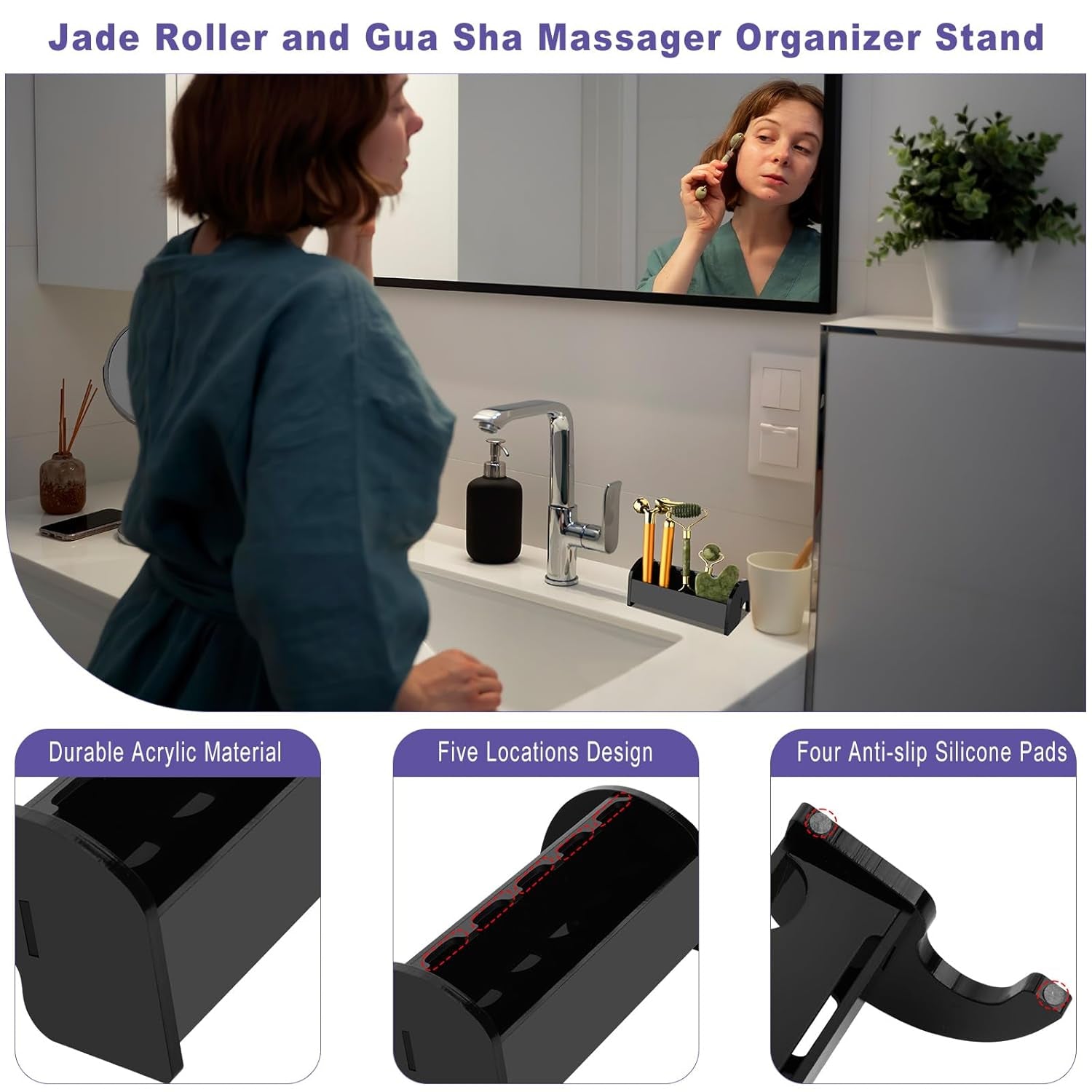 Jade Roller and Gua Sha Massager Holder, Acrylic Organizer Stand for Facial Rollers, Countertop Storage Holder for Facial Massager, Gifts for Girlfriend and Wife, Holder Only (Black)
