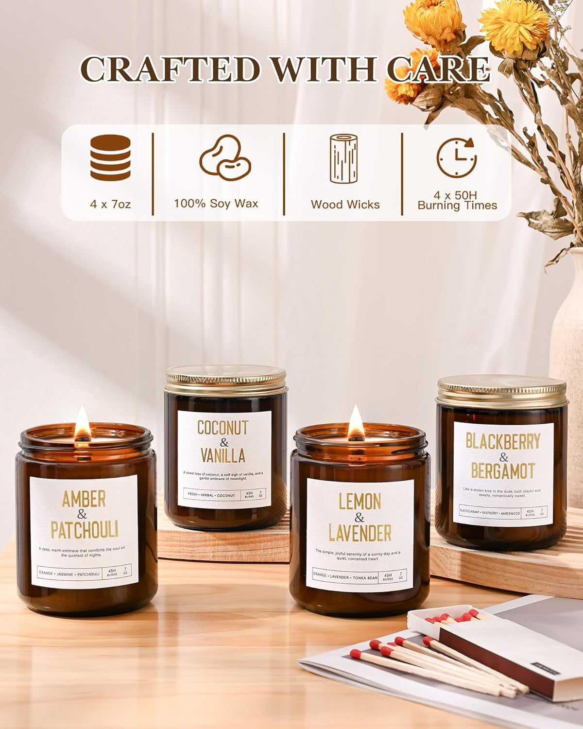 28Oz Wood Wick Candles That Crackle: 4 Pack Scented Candles for Home Scented, Aromatherapy Candle Set with Crackling Wooden Wick up to 200H Burning Candle Gift Set for Birthday, Valentine'S Day Gifts