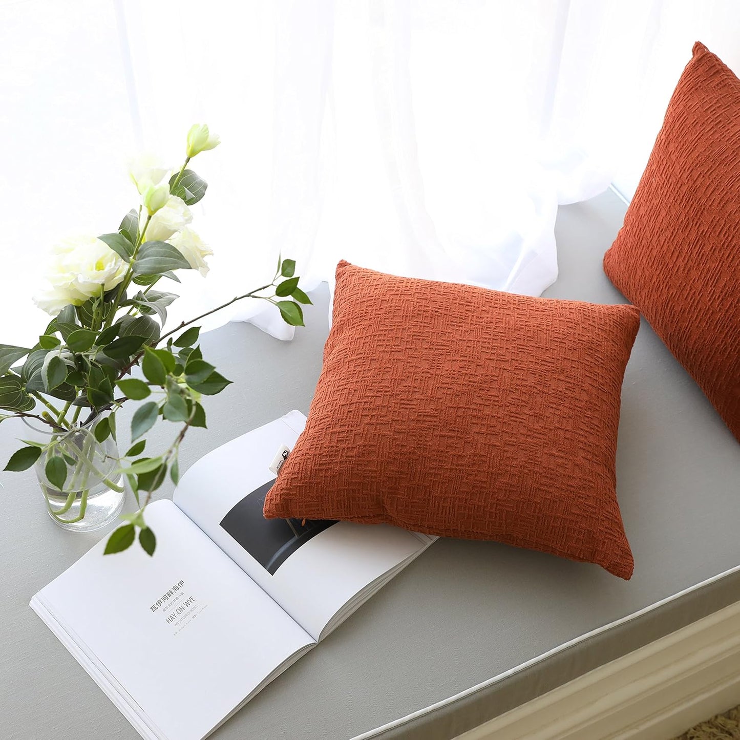 Kevin Textile Fall Decor Solid Decorative Toss Euro Pillow Cover Case Striped Corduroy Cushion Cover for Sofa, Burnt Brick, 18X18-Inch (45Cm), 2 Pieces