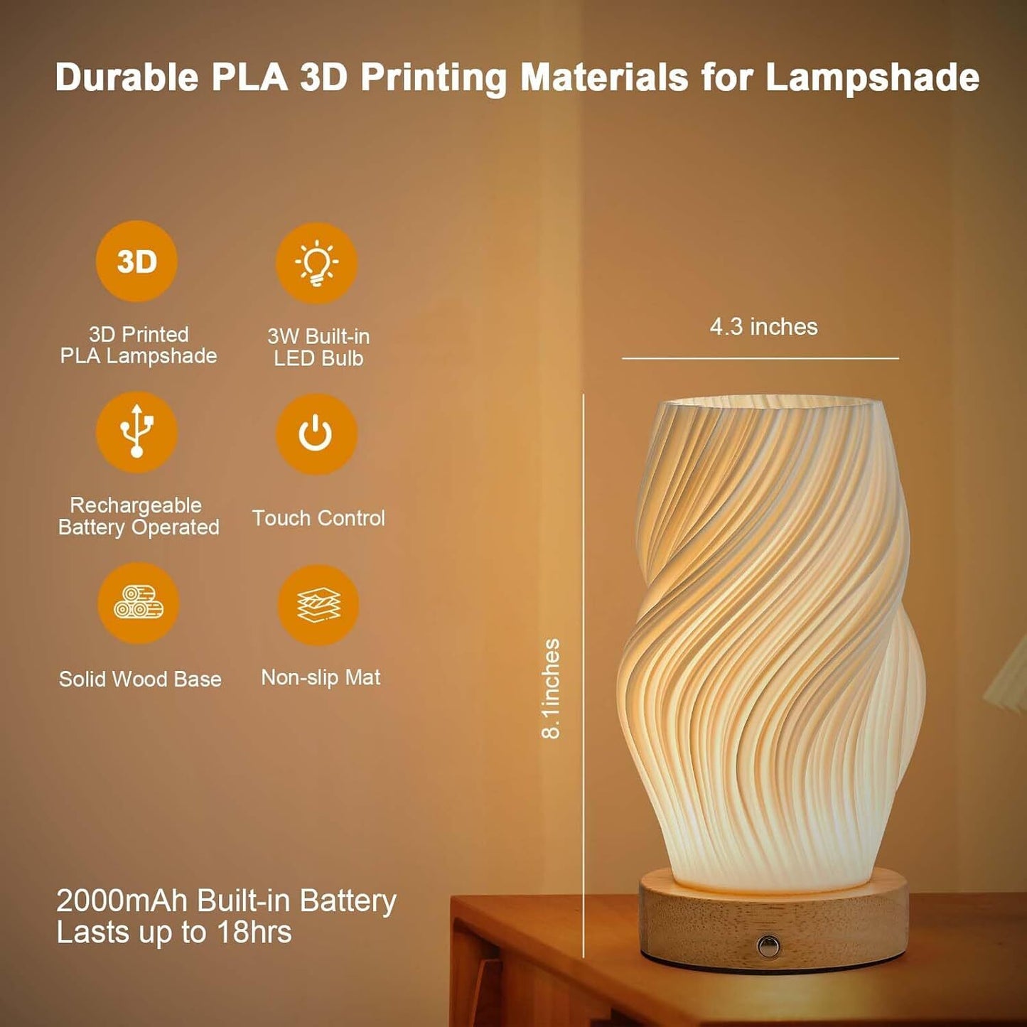 Small Battery Operated Lamp, Modern Table Lamp, Rechargeable, Touch Control, 3 C