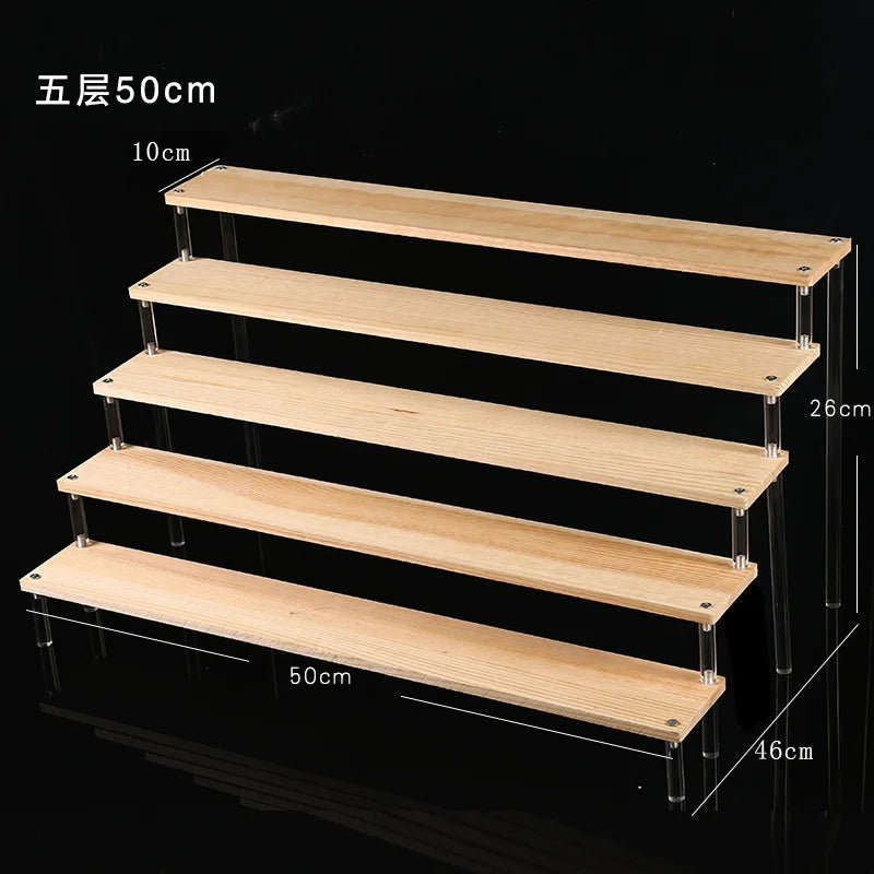 Solid Wooden Ladder Display Rack with Acrylic Pillars, Blind Box, Toy, Perfume, Jewelry Display Stand, Storage Shelf, 1-5 Tiers