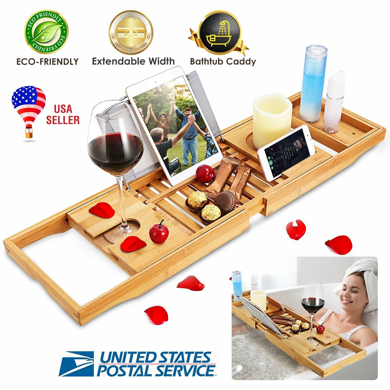 Bamboo Bath Tray Table Bathtub Caddy Tray over the Tub Shelf Bath Holder Desk