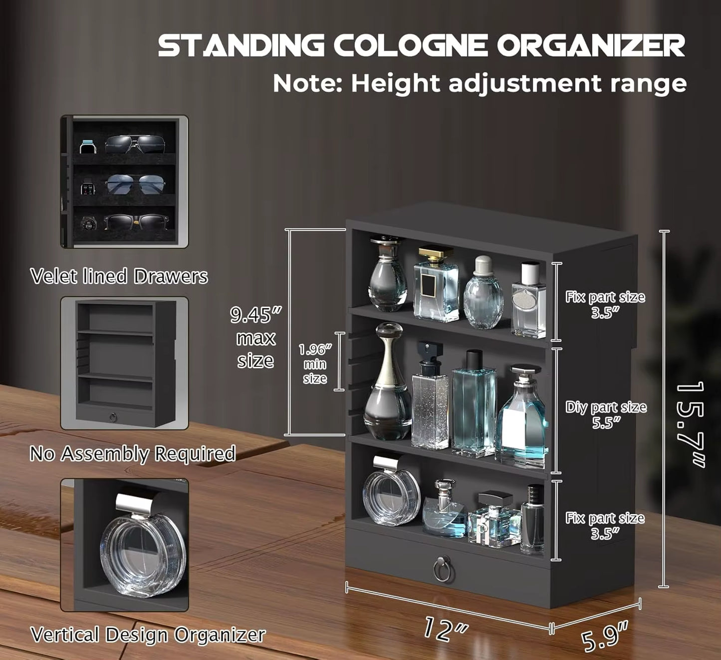 Wooden Perfume Organizer for Men, 4-Tier Standing Display with Double Drawers, Large Storage, Classic Black