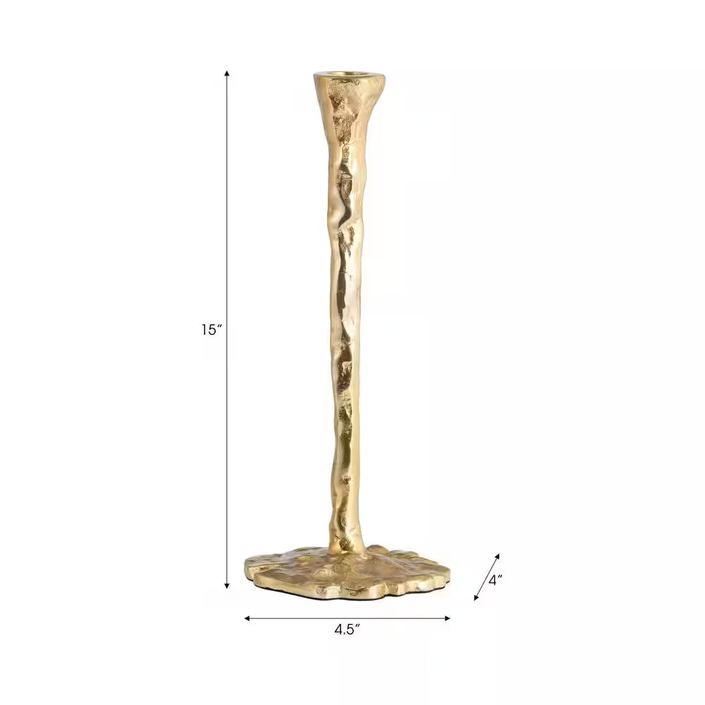 15 In. Gold Metal Aluminum Forged Taper Candle Holder with Textured Decorative Base