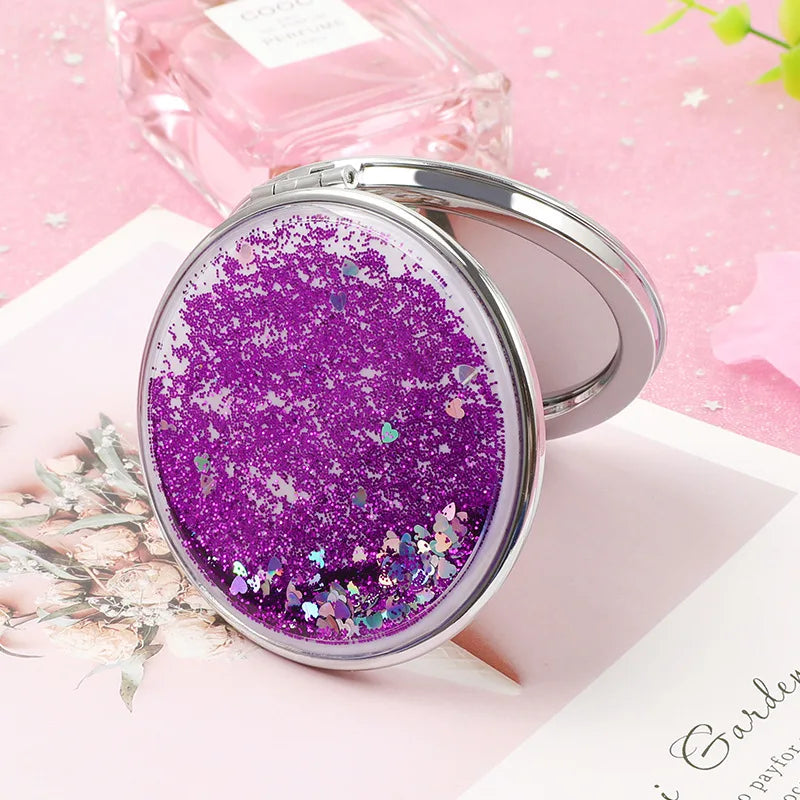 Portable Double-Sided Folding Cosmetic Mirror Female Gifts with Flowing Sparkling Sand Mini Makeup Mirror Compact Pocket Mirrors